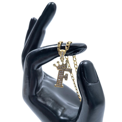 Gold Plated Monogram F Crown Pendant Necklace with Cubic Zirconia