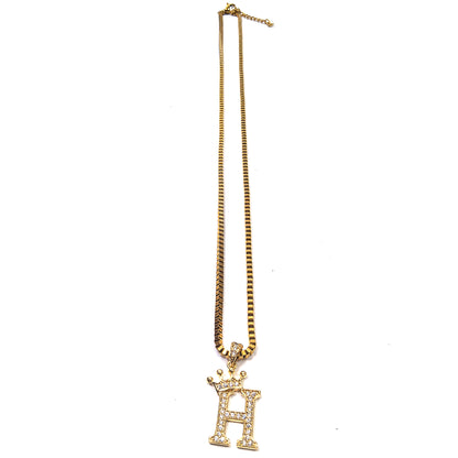 Gold Plated Monogram H Crown Pendant Necklace with Cubic Zirconia
