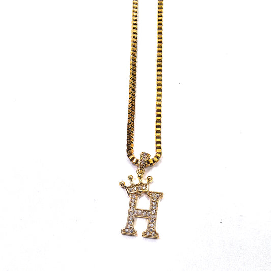 Gold Plated Monogram H Crown Pendant Necklace with Cubic Zirconia