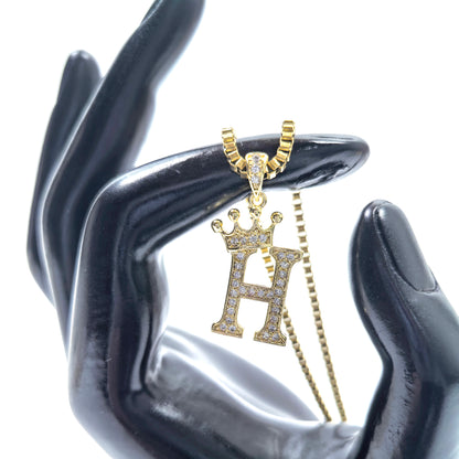 Gold Plated Monogram H Crown Pendant Necklace with Cubic Zirconia