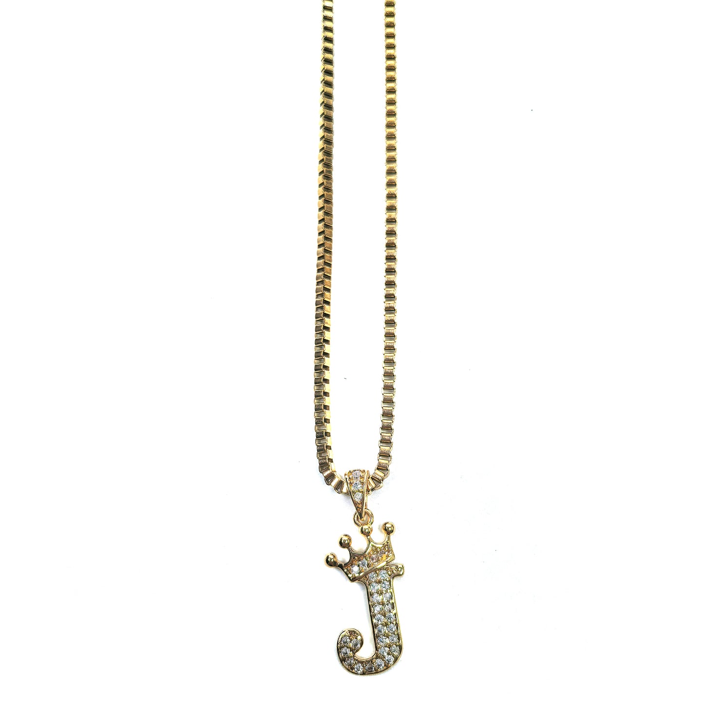 Gold Plated Monogram J Crown Pendant Necklace with Cubic Zirconia