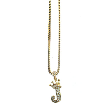 Gold Plated Monogram J Crown Pendant Necklace with Cubic Zirconia
