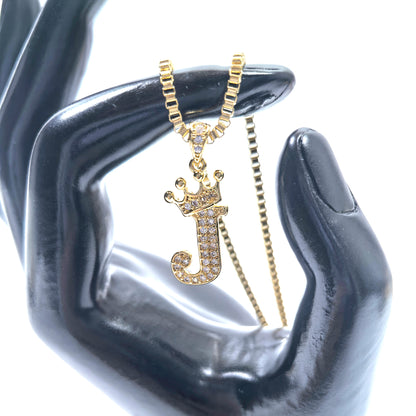 Gold Plated Monogram J Crown Pendant Necklace with Cubic Zirconia