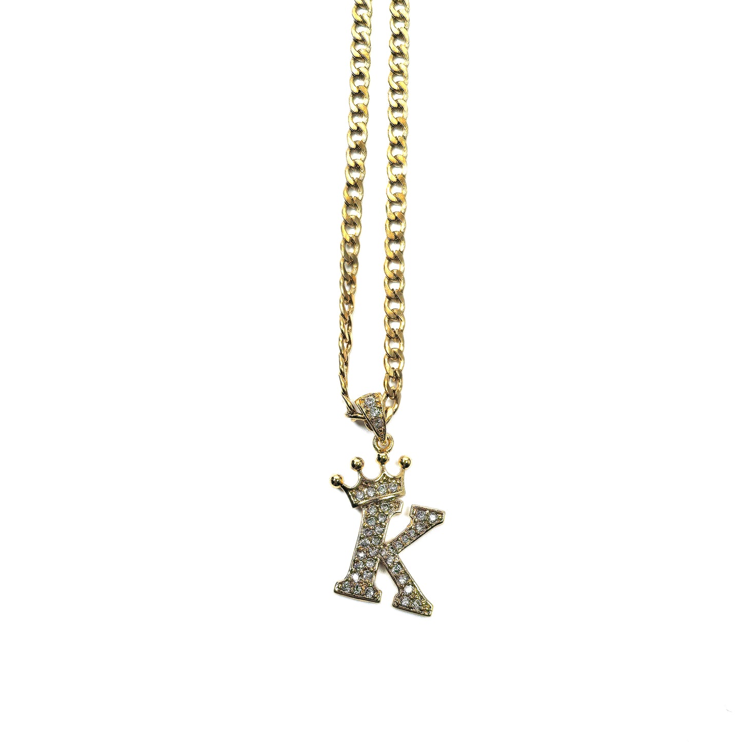 Gold Plated Monogram K Crown Pendant Necklace with Cubic Zirconia