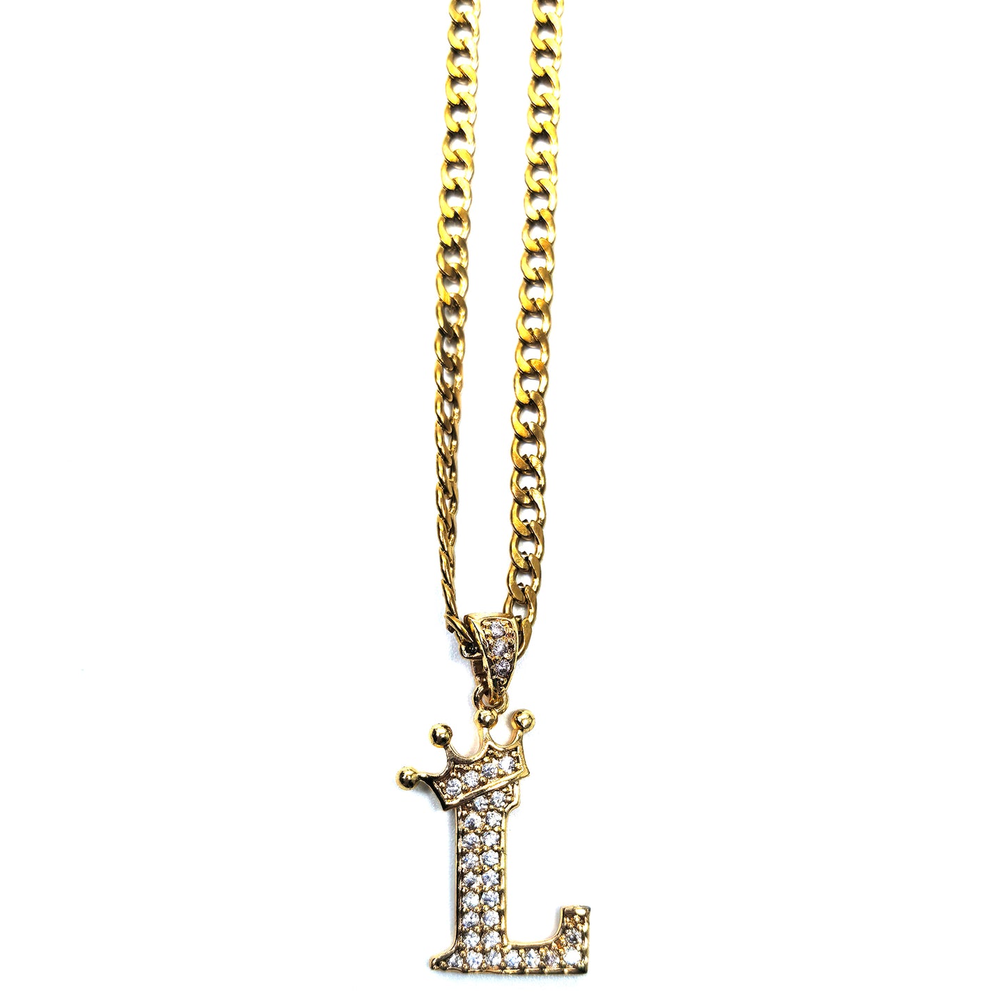 Gold Plated Monogram L Crown Pendant Necklace with Cubic Zirconia