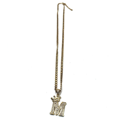 Gold Plated Monogram M Crown Pendant Necklace with Cubic Zirconia