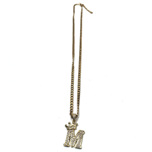 Gold Plated Monogram M Crown Pendant Necklace with Cubic Zirconia