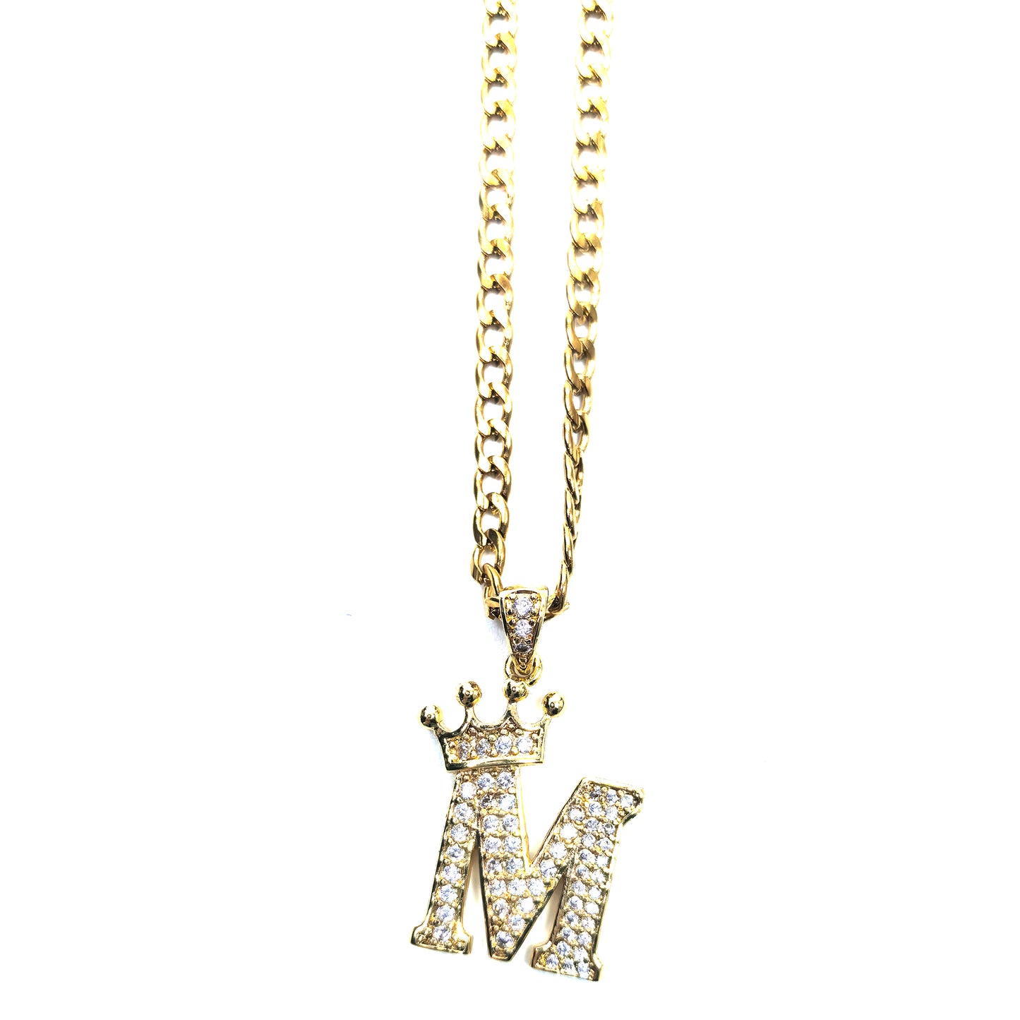 Gold Plated Monogram M Crown Pendant Necklace with Cubic Zirconia