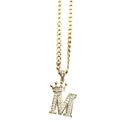 Gold Plated Monogram M Crown Pendant Necklace with Cubic Zirconia