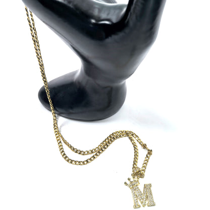 Gold Plated Monogram M Crown Pendant Necklace with Cubic Zirconia