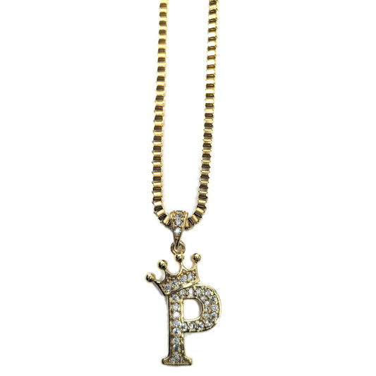 Gold Plated Monogram P Crown Pendant Necklace with Cubic Zirconia