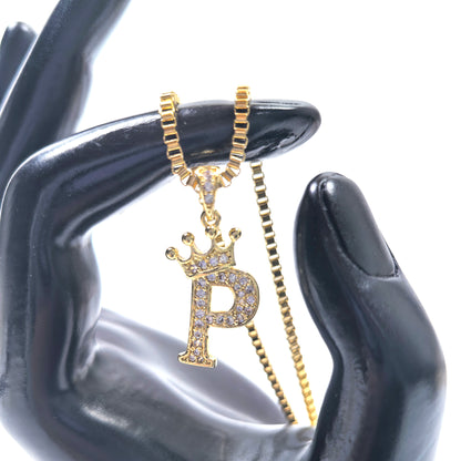 Gold Plated Monogram P Crown Pendant Necklace with Cubic Zirconia