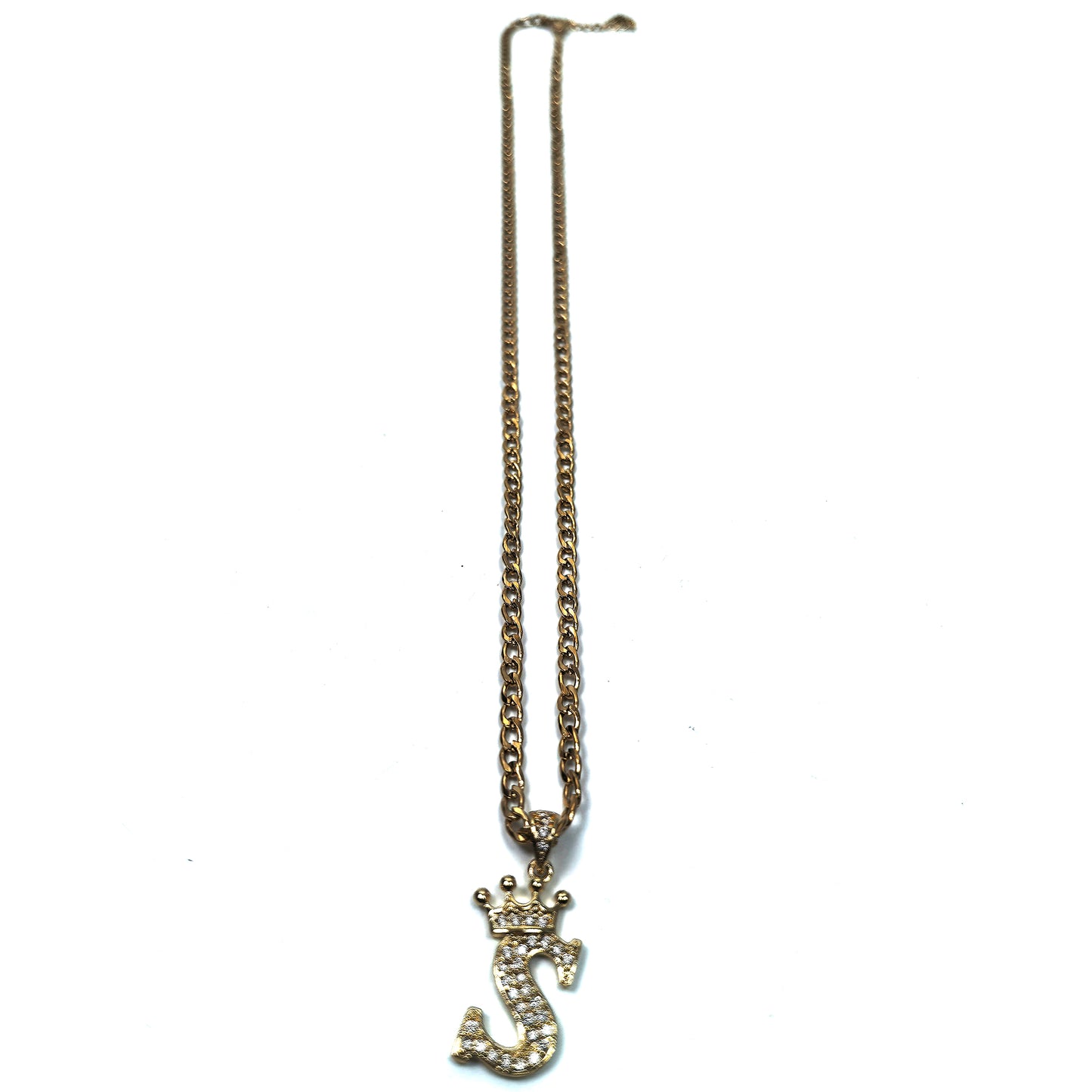 Gold Plated Monogram S Crown Pendant Necklace with Cubic Zirconia