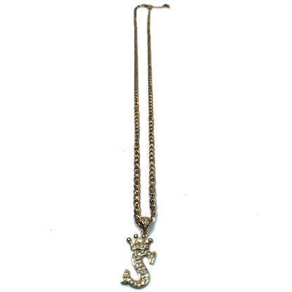 Gold Plated Monogram S Crown Pendant Necklace with Cubic Zirconia