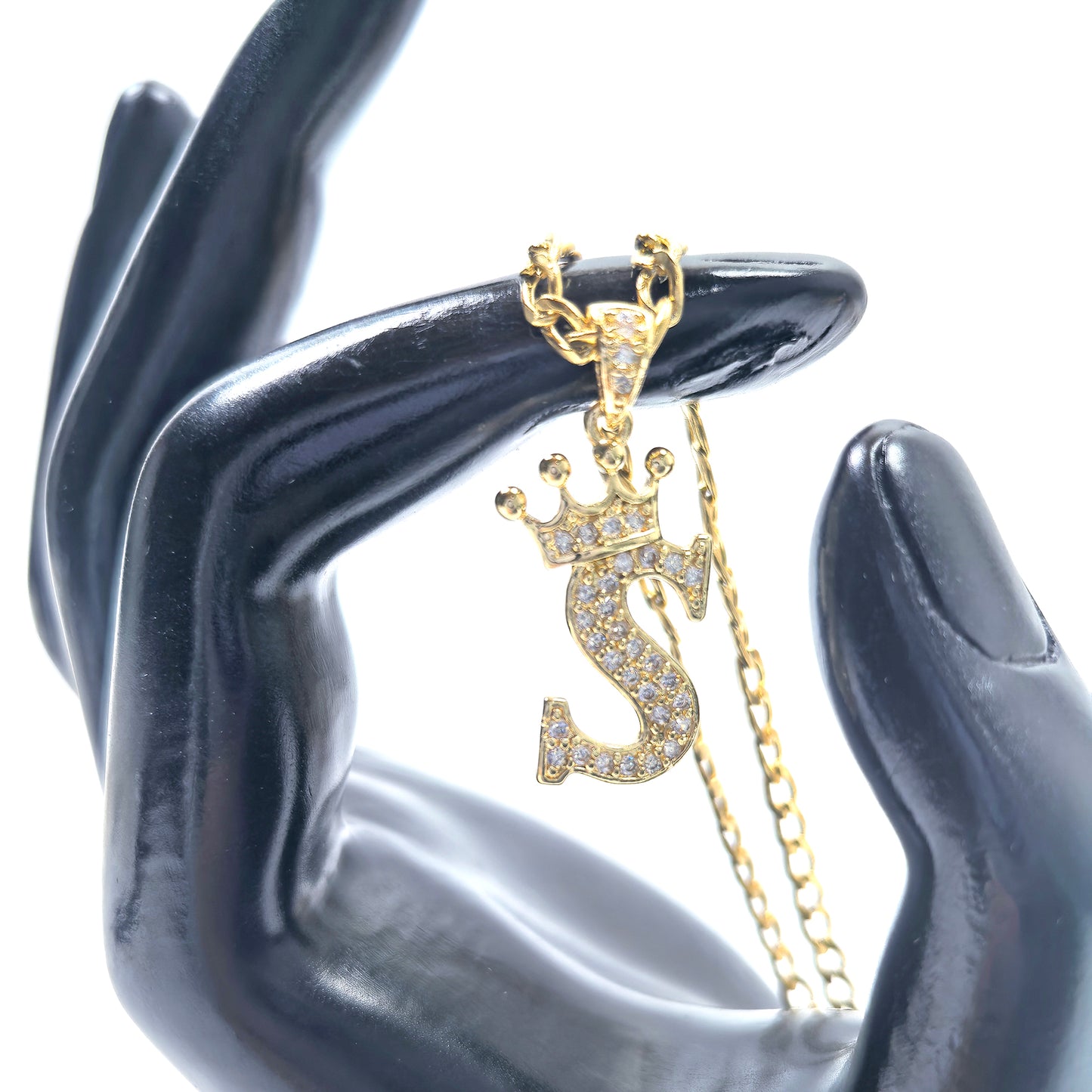 Gold Plated Monogram S Crown Pendant Necklace with Cubic Zirconia