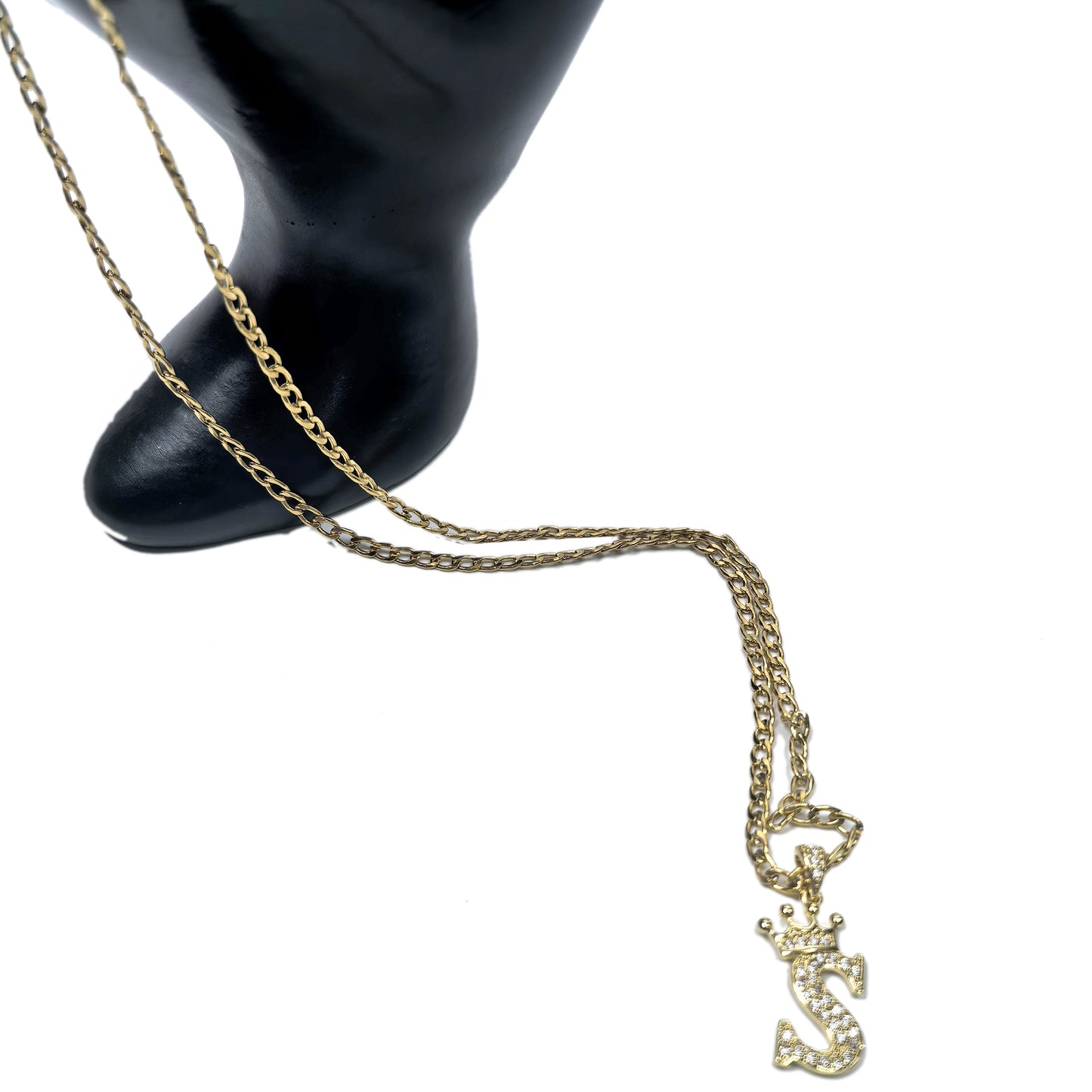 Gold Plated Monogram S Crown Pendant Necklace with Cubic Zirconia