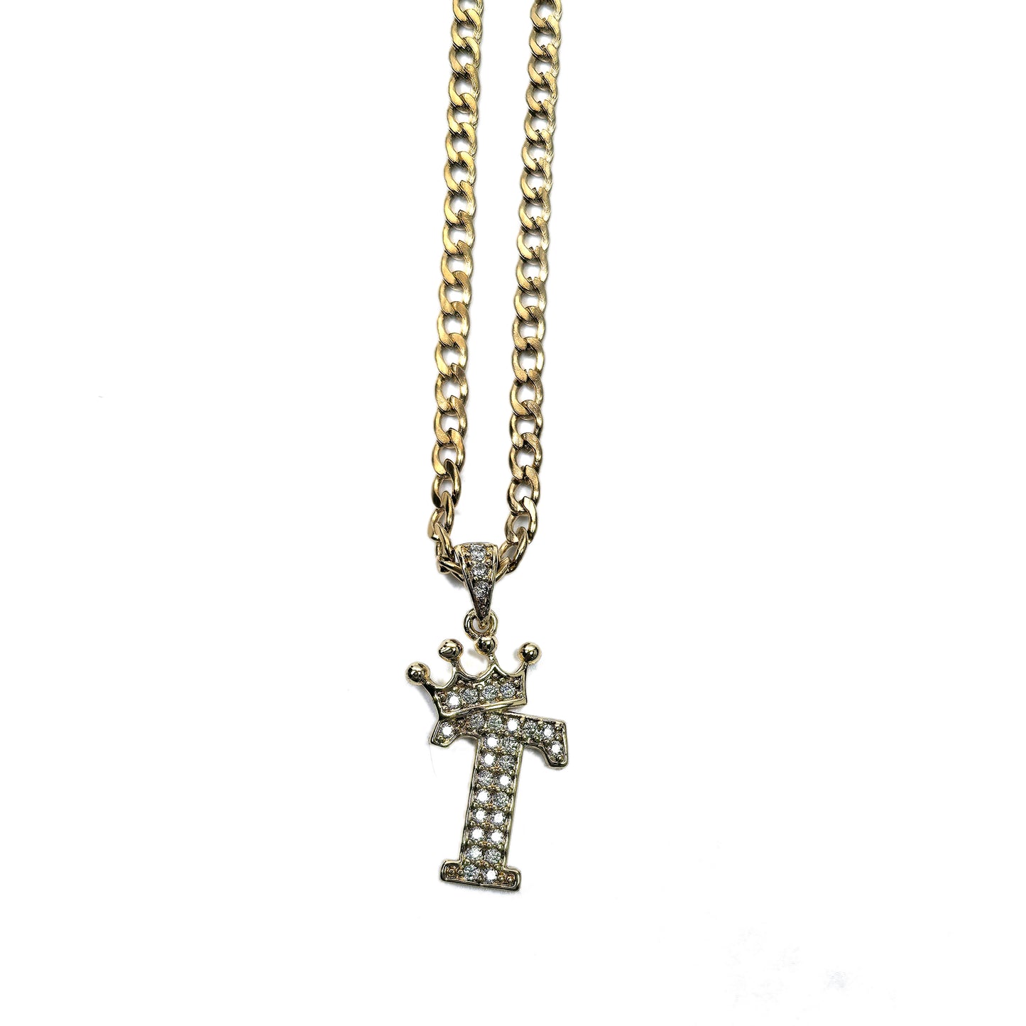 Gold Plated Monogram T Crown Pendant Necklace with Cubic Zirconia