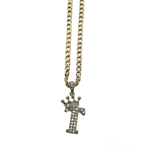 Gold Plated Monogram T Crown Pendant Necklace with Cubic Zirconia