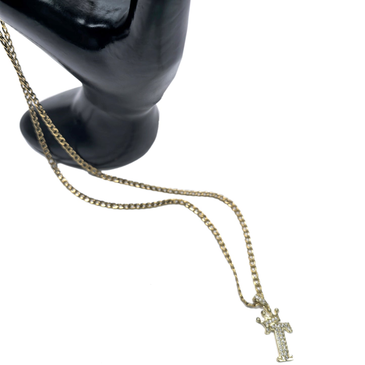 Gold Plated Monogram T Crown Pendant Necklace with Cubic Zirconia