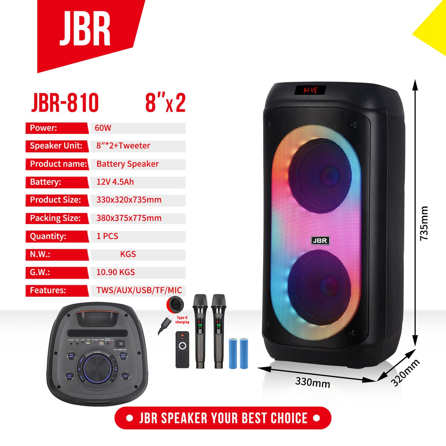 Dual 8" Portable Bluetooth Speaker with Wireless Mics & RGB Lights