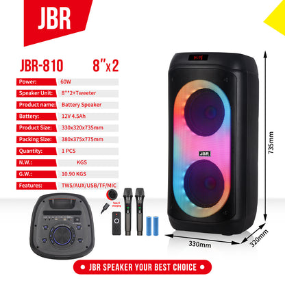 Dual 8" Portable Bluetooth Speaker with Wireless Mics & RGB Lights
