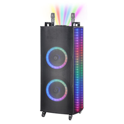 Dual 12" Portable Party Speaker with Wireless Mics & RGB Lights