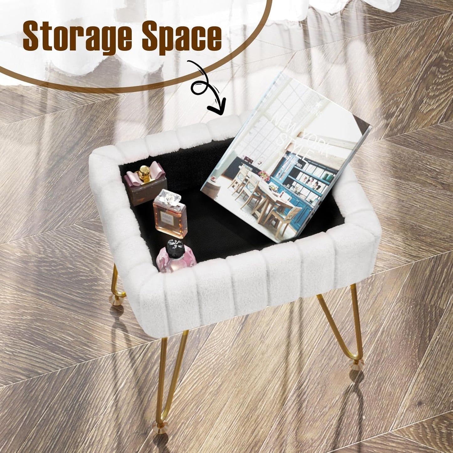Vanity Stool Chair Faux Fur with Storage, White