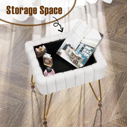 Vanity Stool Chair Faux Fur with Storage, White