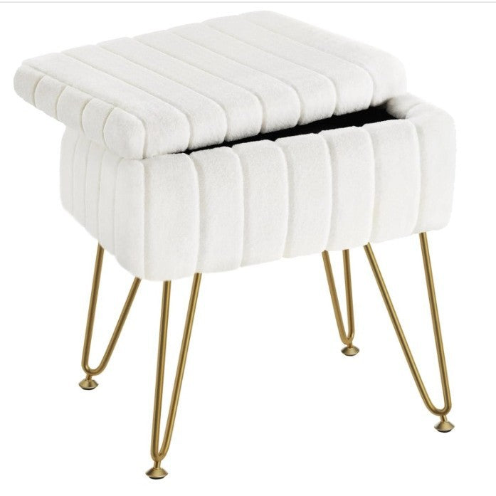 Vanity Stool Chair Faux Fur with Storage, White