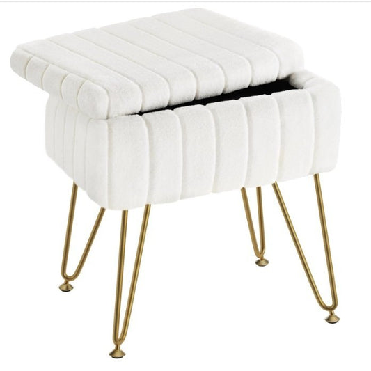 Vanity Stool Chair Faux Fur with Storage, White