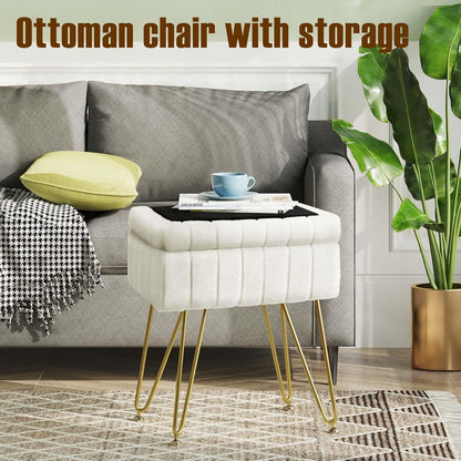 Vanity Stool Chair Faux Fur with Storage, White