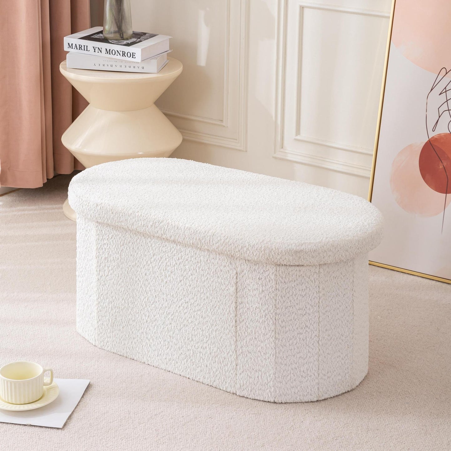 30" Oval Foldable Ottoman with Storage, White
