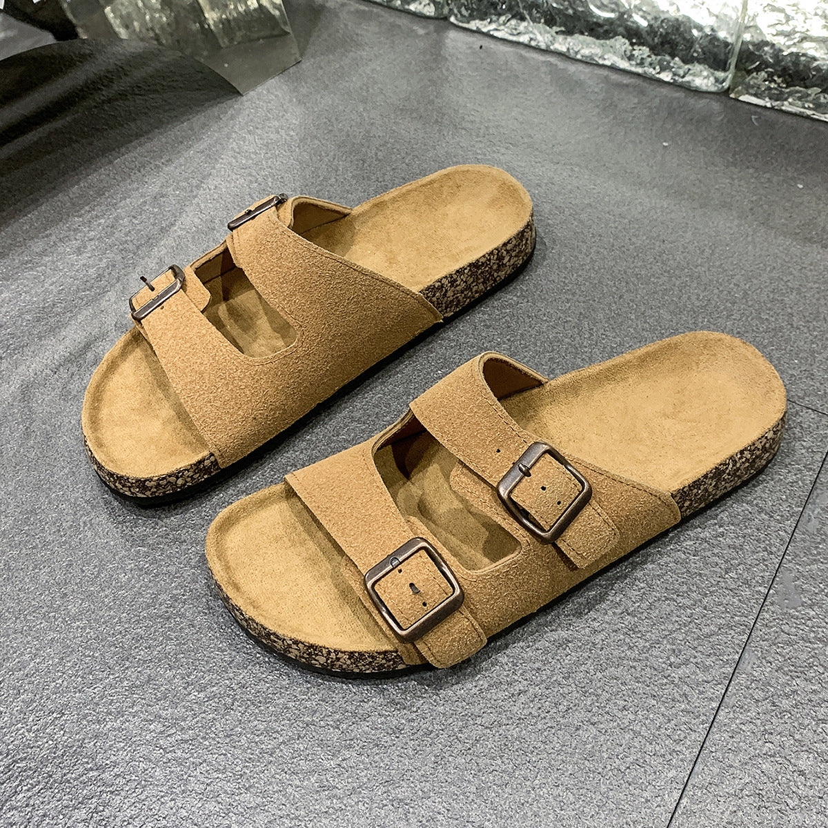 Footbed Sandals – Comfortable Double Buckle Slip-On with Cork Footbed & Arch Support Slides
