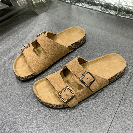 Footbed Sandals – Comfortable Double Buckle Slip-On with Cork Footbed & Arch Support Slides