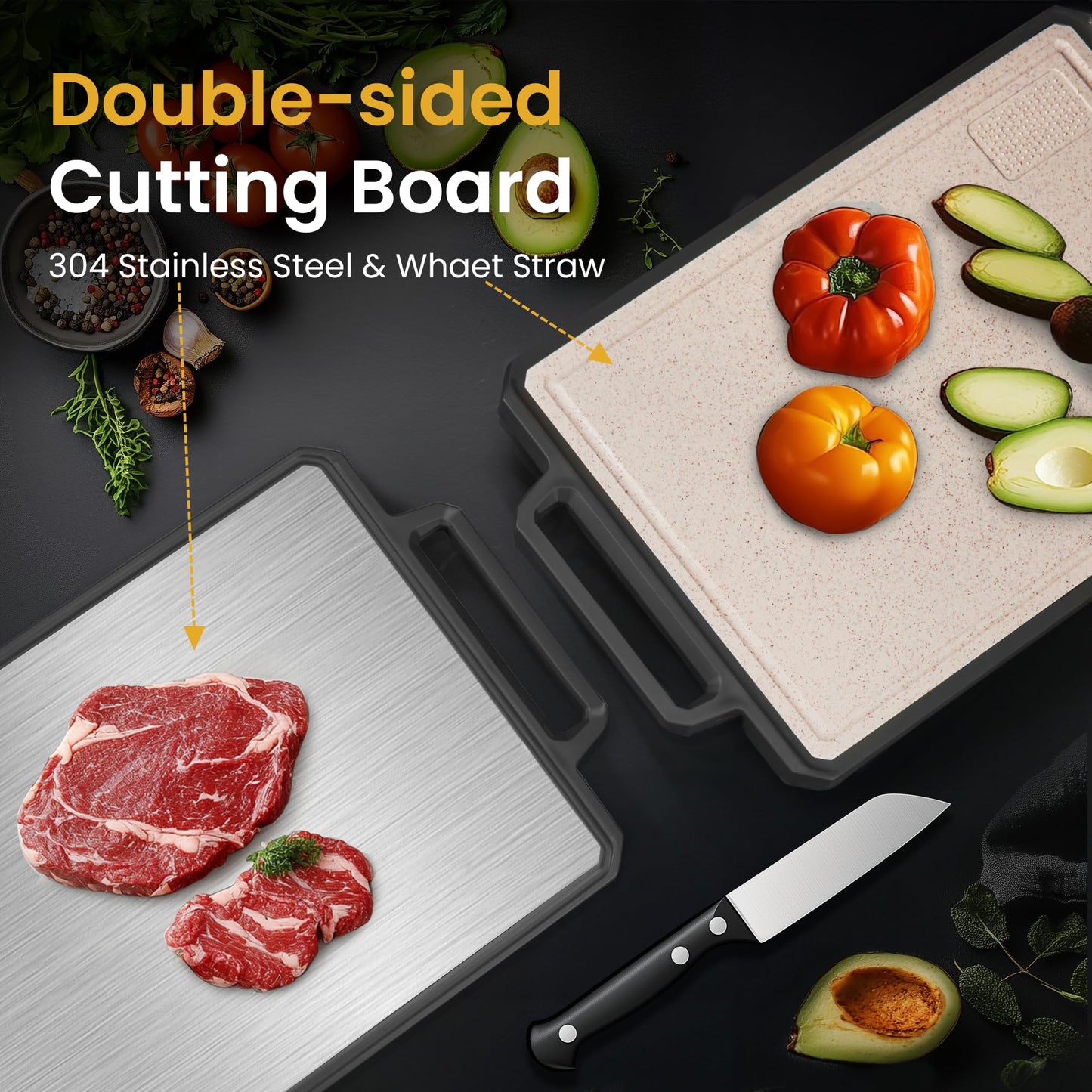 Double Sided Stainless Steel and Plastic Cutting Board,1 Piece