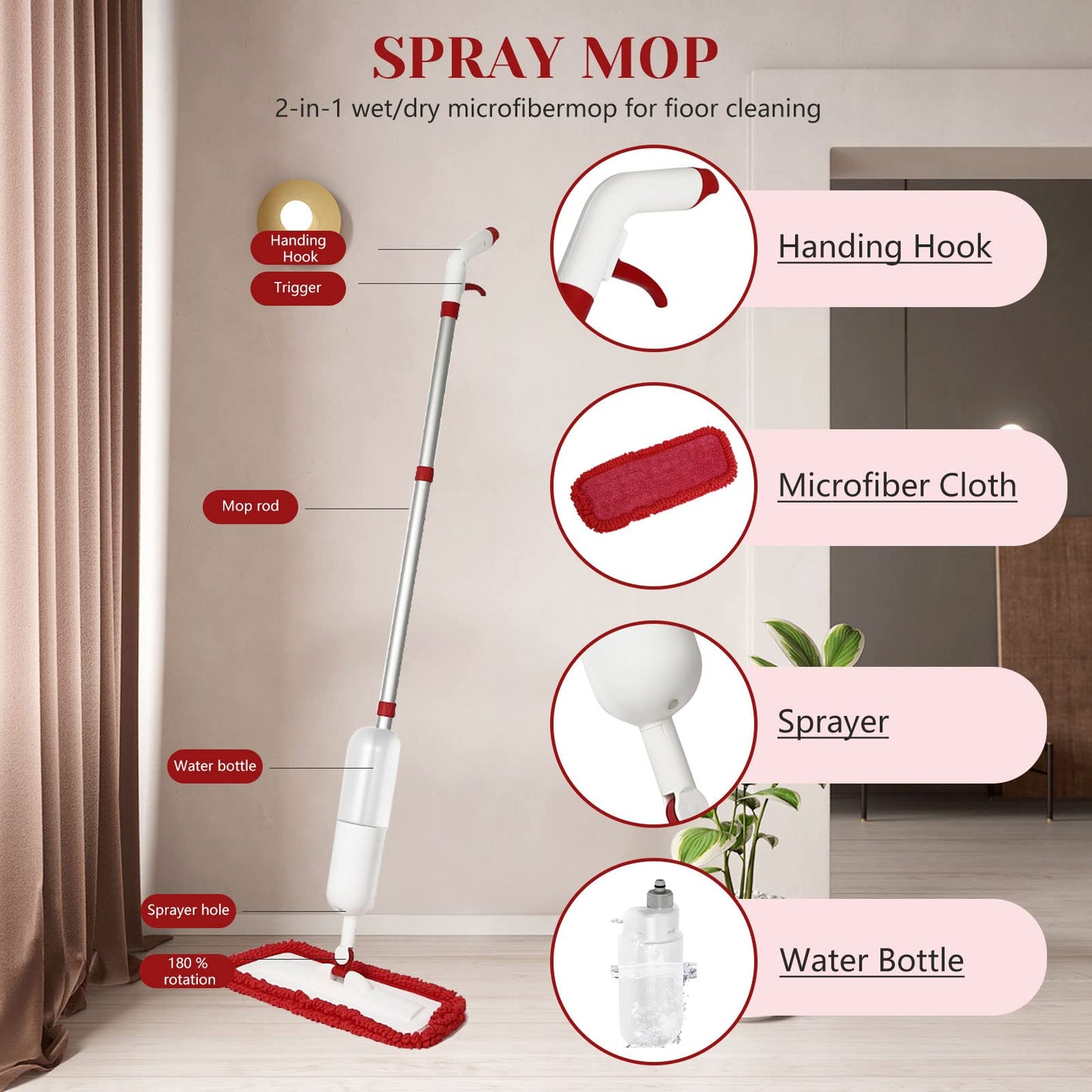 Spray Mop for Floor Cleaning with 3 Washable Pads