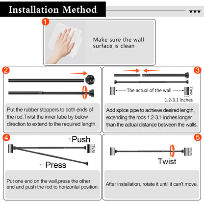 Stainless Steel Extendable Shower Curtain Rod (27-76 inch) No Drilling Installation (2 Color Option: Black/Silver)