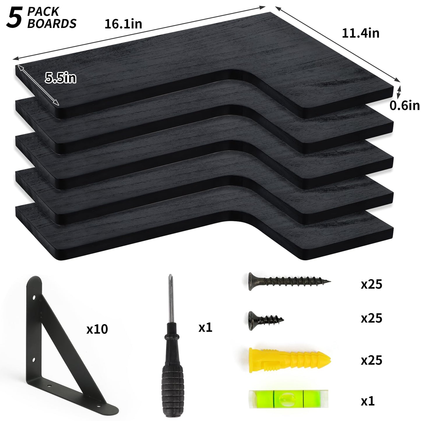 Corner Floating Shelves Wall Mounted Set of 5,Black