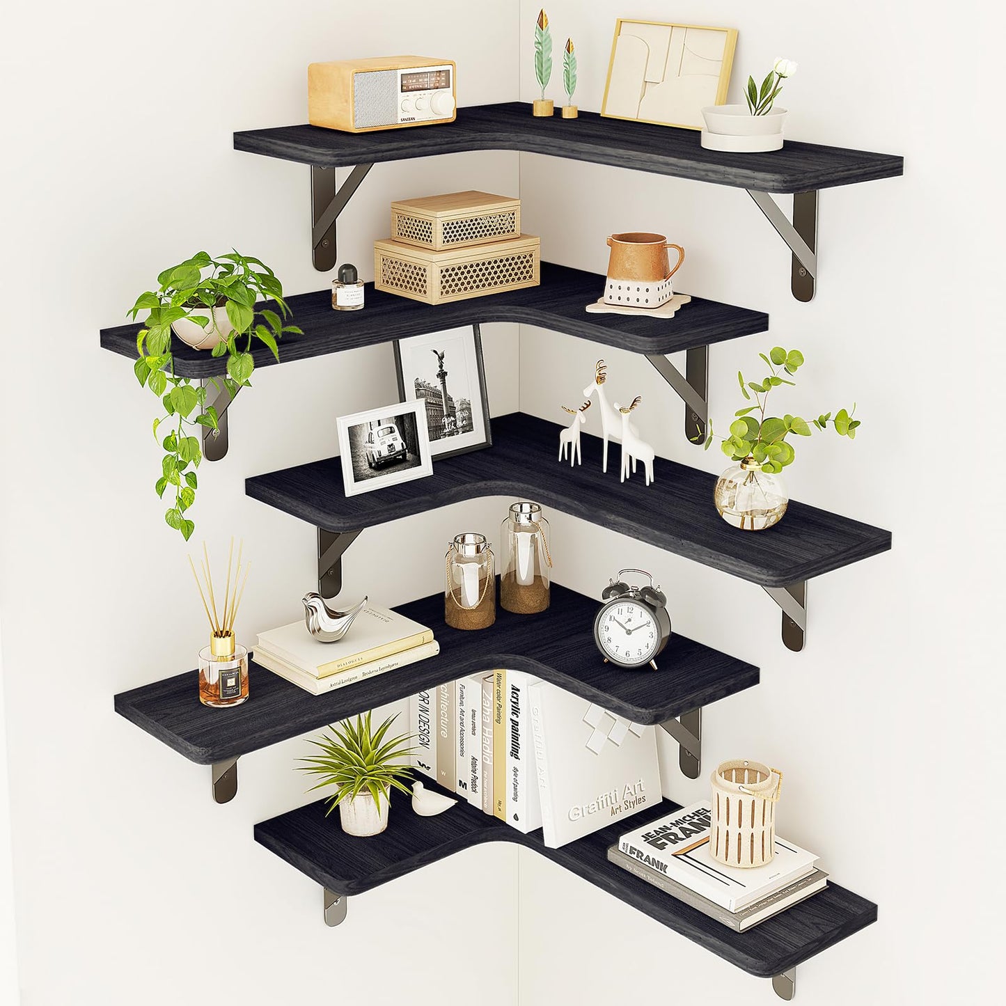 Corner Floating Shelves Wall Mounted Set of 5,Black