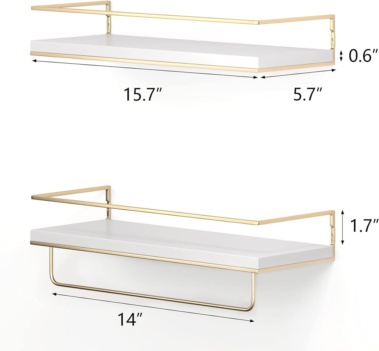 Set of 2, Wall Mounted Floating Shelves with Towel Rack, White Gold, 15.7 Inches