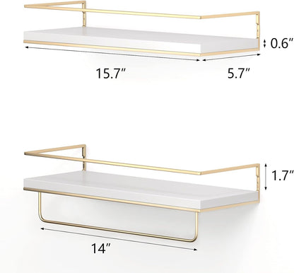 Set of 2, Wall Mounted Floating Shelves with Towel Rack, White Gold, 15.7 Inches