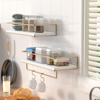 Set of 2, Wall Mounted Floating Shelves with Towel Rack, White Gold, 15.7 Inches
