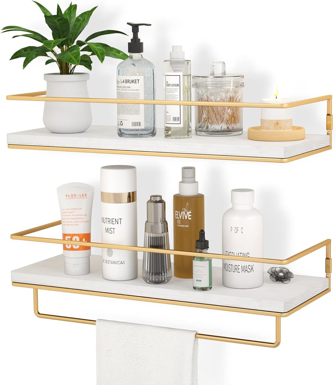 Set of 2, Wall Mounted Floating Shelves with Towel Rack, White Gold, 15.7 Inches