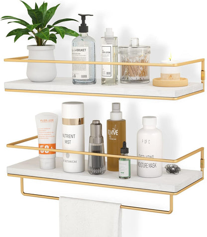 Set of 2, Wall Mounted Floating Shelves with Towel Rack, White Gold, 15.7 Inches