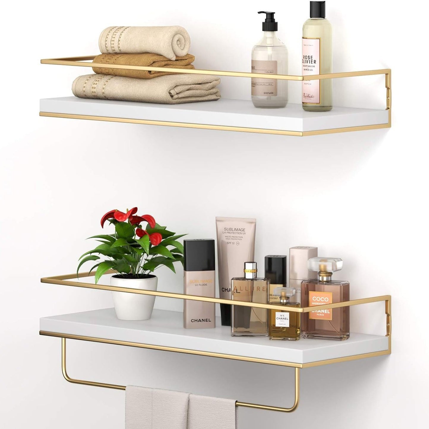 Set of 2, Wall Mounted Floating Shelves with Towel Rack, White Gold, 15.7 Inches