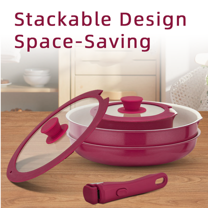 Ceramic Coated Nonstick Cookware Set with Detachable Handle, 5pcs/6pcs