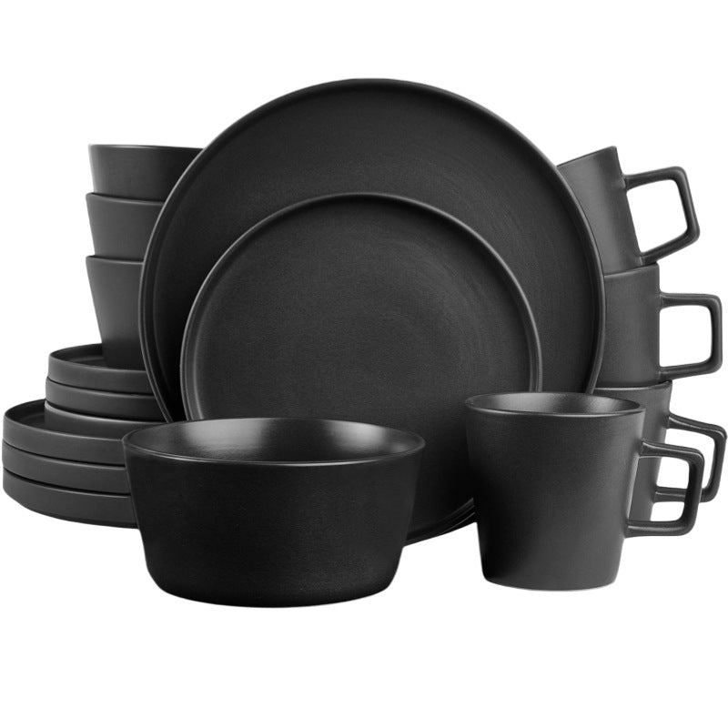 16 Piece/12 Pieces Dinnerware Set, Plates and Bowls, Black Matte Dish, Service for 4