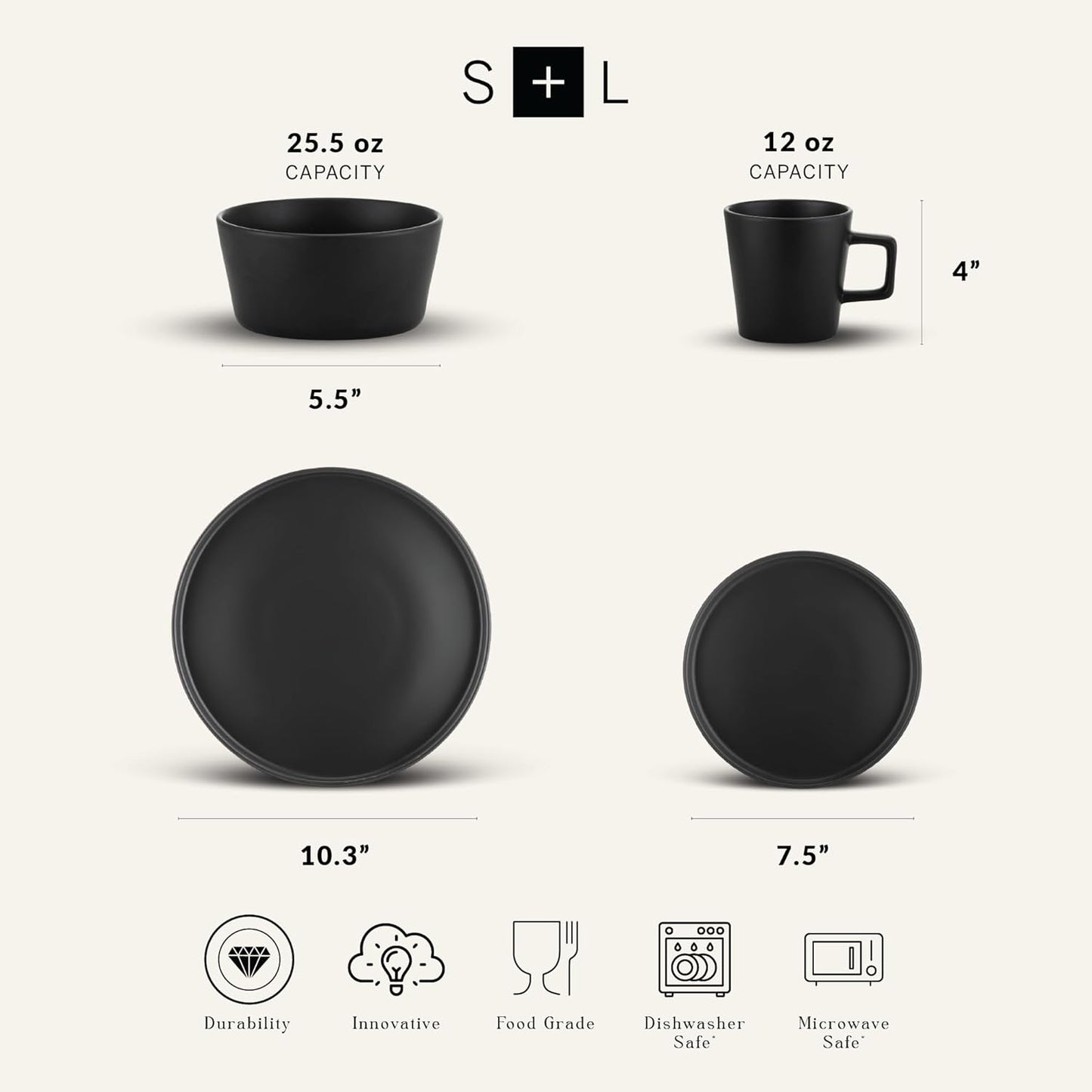 16 Piece/12 Pieces Dinnerware Set, Plates and Bowls, Black Matte Dish, Service for 4
