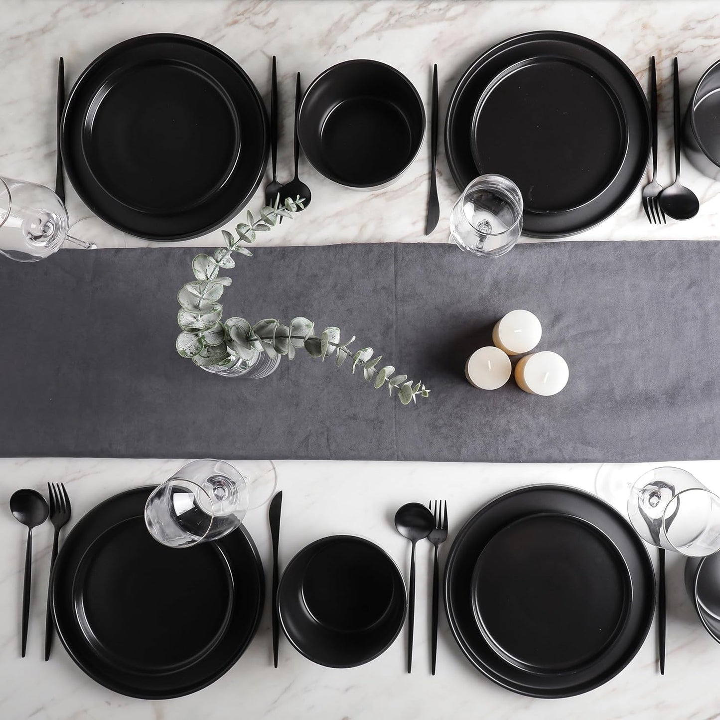 16 Piece/12 Pieces Dinnerware Set, Plates and Bowls, Black Matte Dish, Service for 4