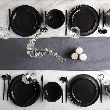 16 Piece/12 Pieces Dinnerware Set, Plates and Bowls, Black Matte Dish, Service for 4